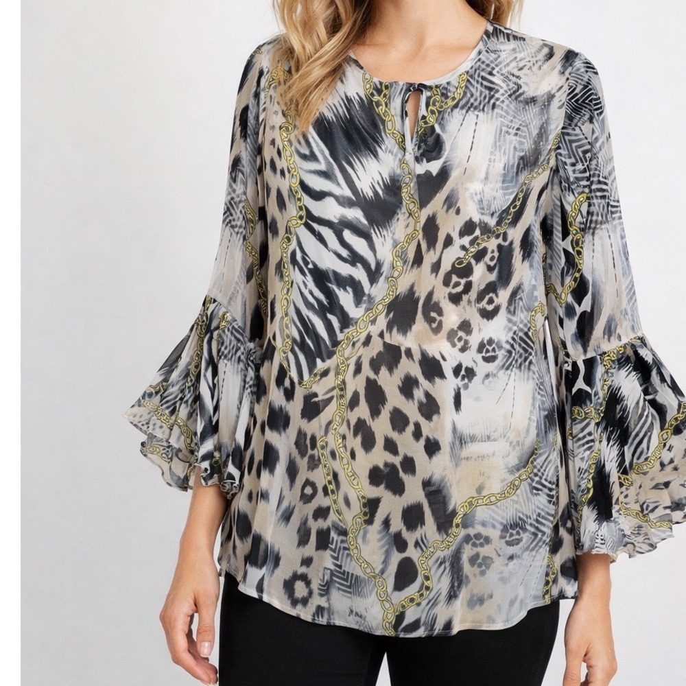 Nygard Womens Grey‎ Animal Chain Print Pleated Bell Sleeve Blouse Top Medium NWT